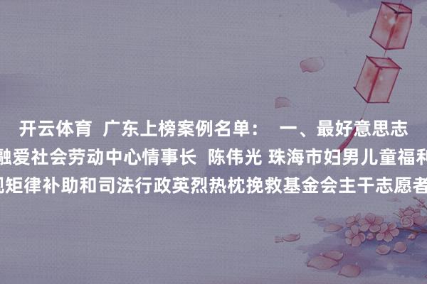 开云体育  广东上榜案例名单：  一、最好意思志愿者  张倩昕 广州市融爱社会劳动中心情事长  陈伟光 珠海市妇男儿童福利会会长  郑穗军 中规矩律补助和司法行政英烈热枕挽救基金会主干志愿者  二、最好志愿劳动组织  广东狮子会  广东省东谈主民病院志愿者劳动总队  广东省第二东谈主民病院志愿劳动总队  深圳市公益支撑志愿者调解会  三、最好志愿劳动时势  深圳市“五分钟社会支撑圈”志愿劳动时势 